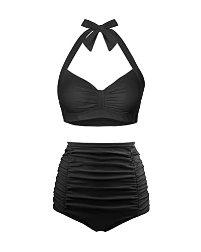 Women's Polyester And Spandex Quick Drying Retro Swimwear-Black