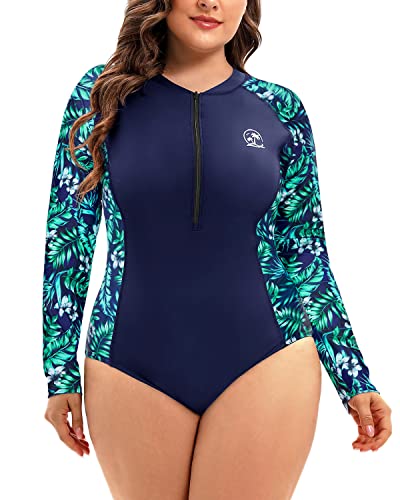 Zipper Upf 50+ Long Sleeved Rash Guard Swimsuit For Women Plus Size-Blue Leaf