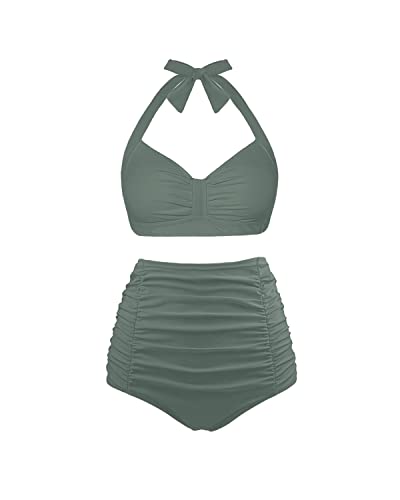 Retro 50S Ruched Super High Waisted Bikini Bottom-Army Green
